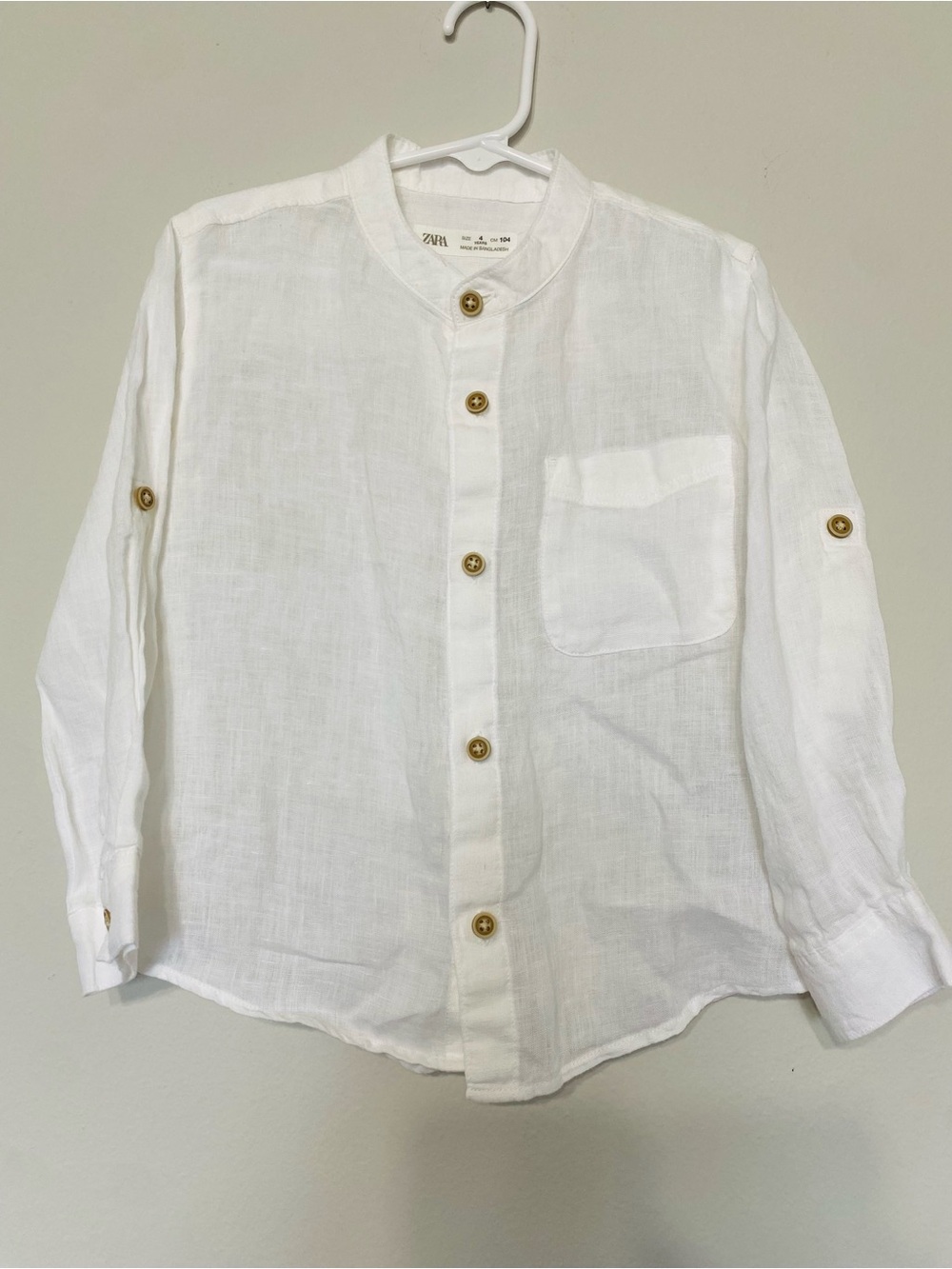 Zara Boys White Collarless 100% Linen Long Sleeve Shirt